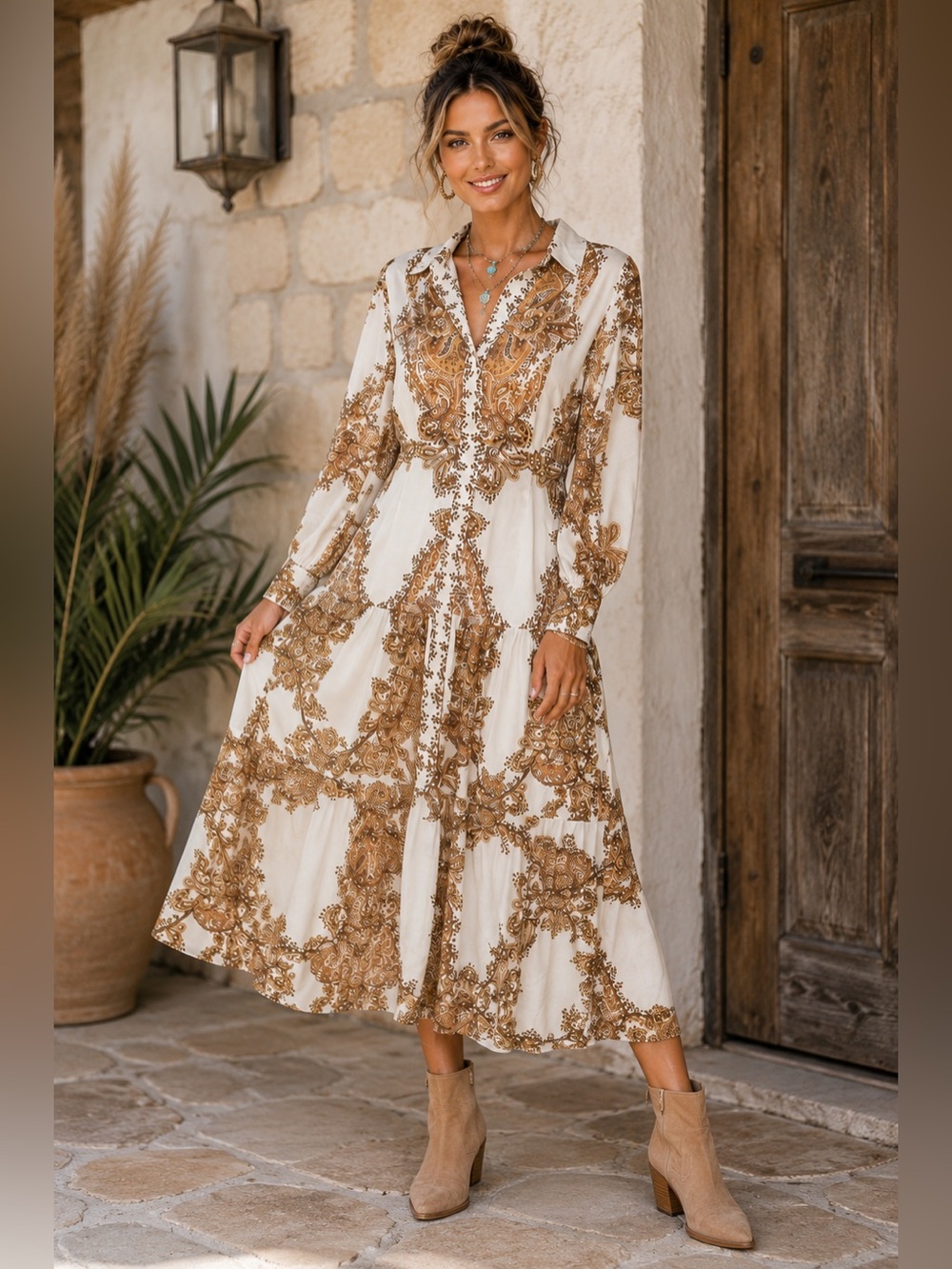Kosmios NWOT Paisley Button Front Midi Dress Small Boho Long Sleeve
